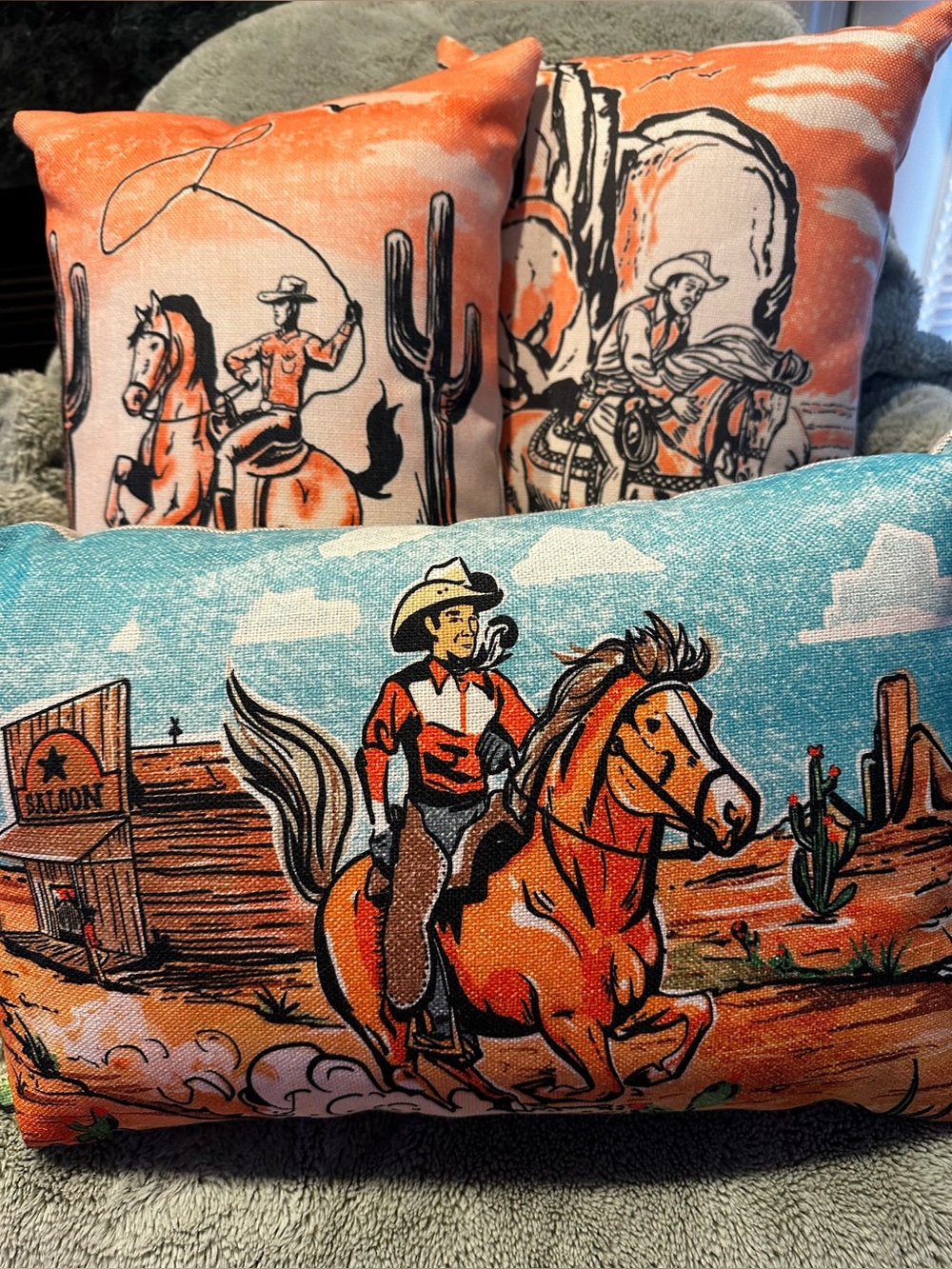 Vtg Style Western Throw Pillows Set of 3 Country Theme of American Wild West